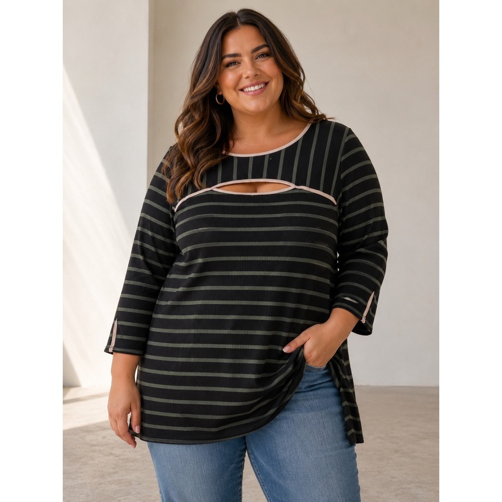 Oso Casuals Women 1X Black Green Striped Cutout‎ Neck Ribbed Sharkbite Tunic Top